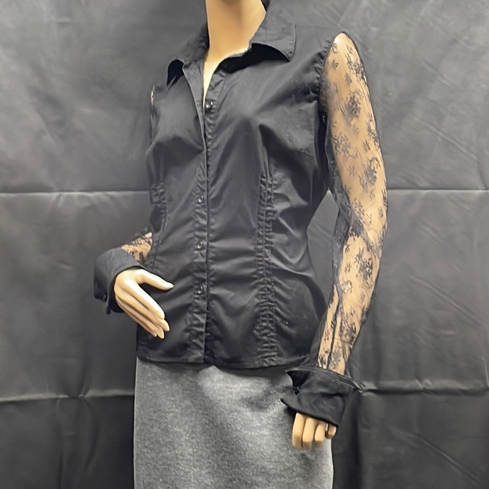 INC International Concepts Women's Black & Lace Long Sleeve Button Down Shirt